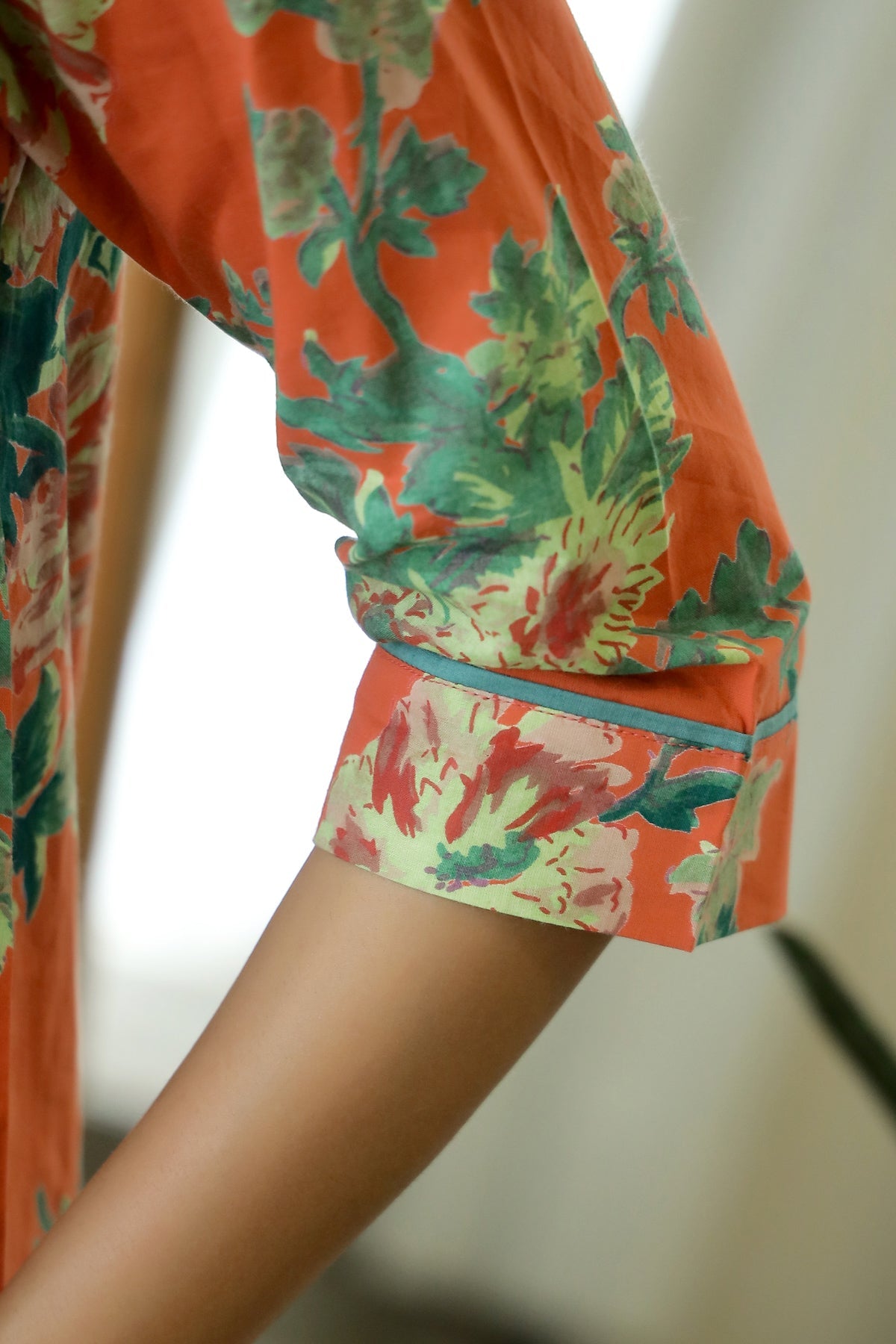 Orange & Green Cotton Peter Pan Collar  Night Suit Set