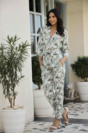 Bagheera White Floral Printed Shirt Collar Pure Cotton Trousers Co-Ord Set For Women