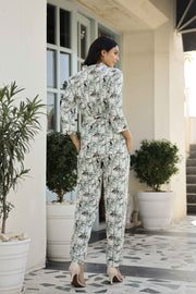 Bagheera White Floral Printed Shirt Collar Pure Cotton Trousers Co-Ord Set For Women
