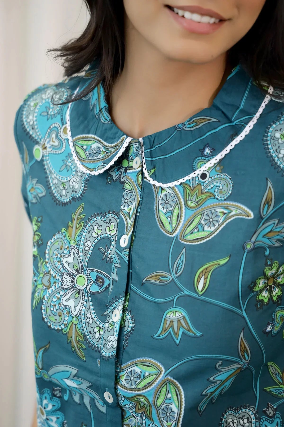 Dark Green PETER PAN COLLAR Night Suit short Set - SanskrutiHomes 