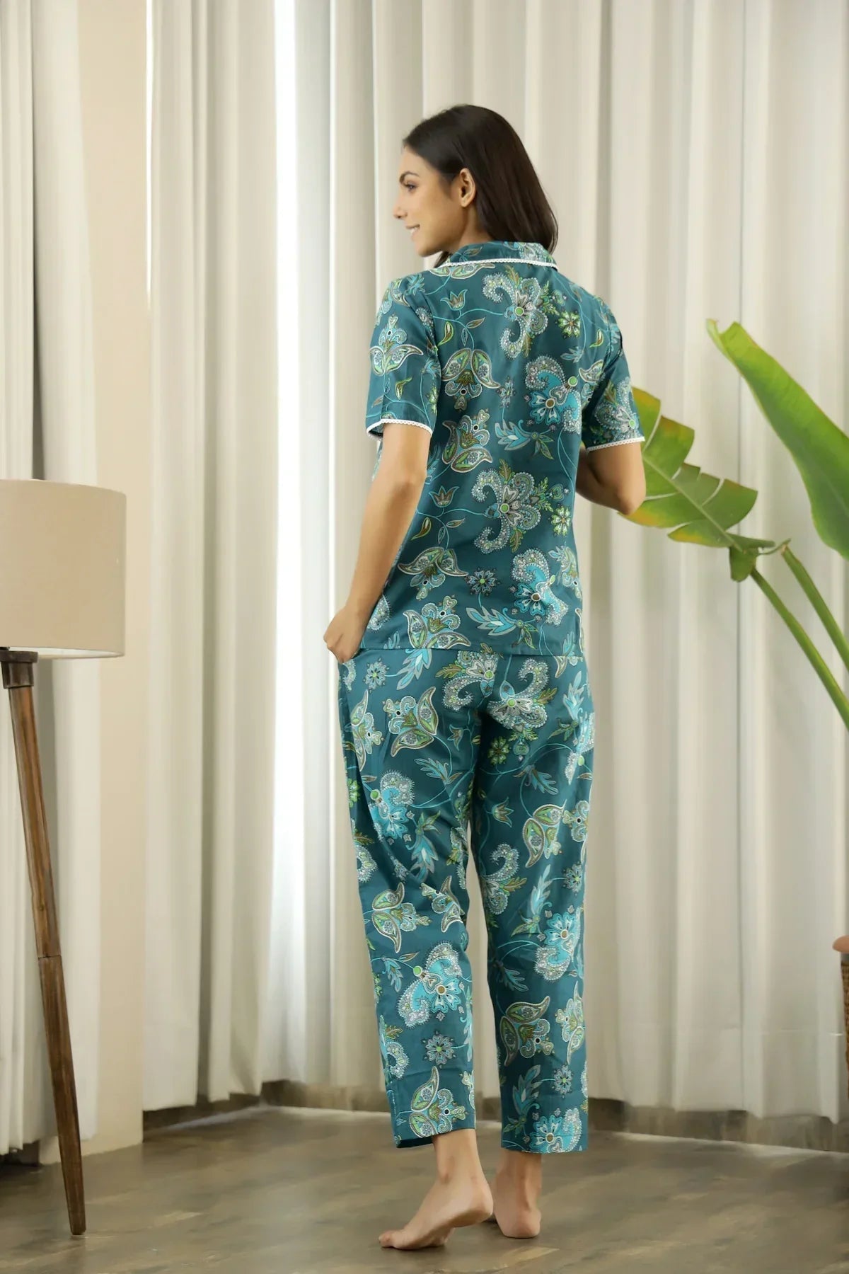 Dark Green Peter Pan Collar Night Suit pajama Set - SanskrutiHomes 