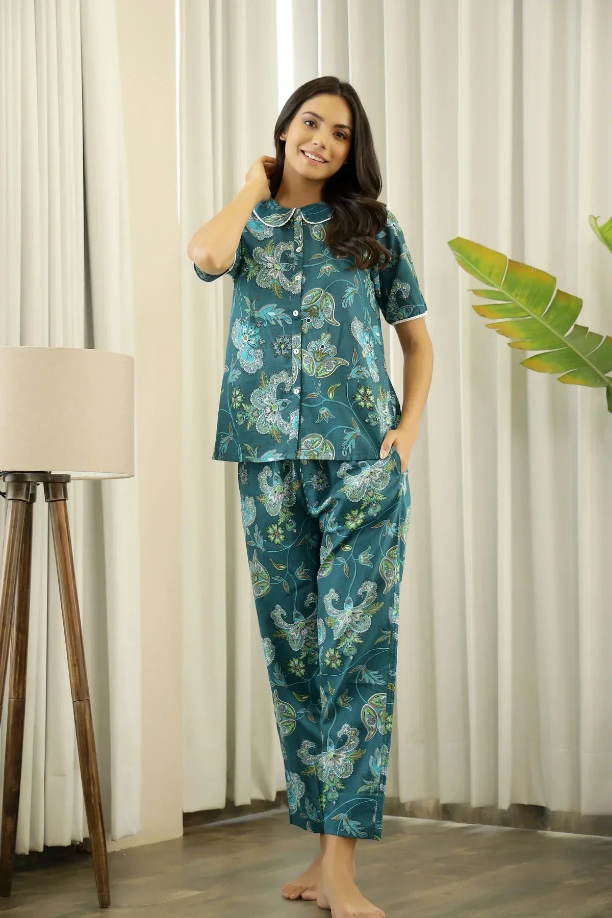 Dark Green Peter Pan Collar Night Suit pajama Set - SanskrutiHomes 