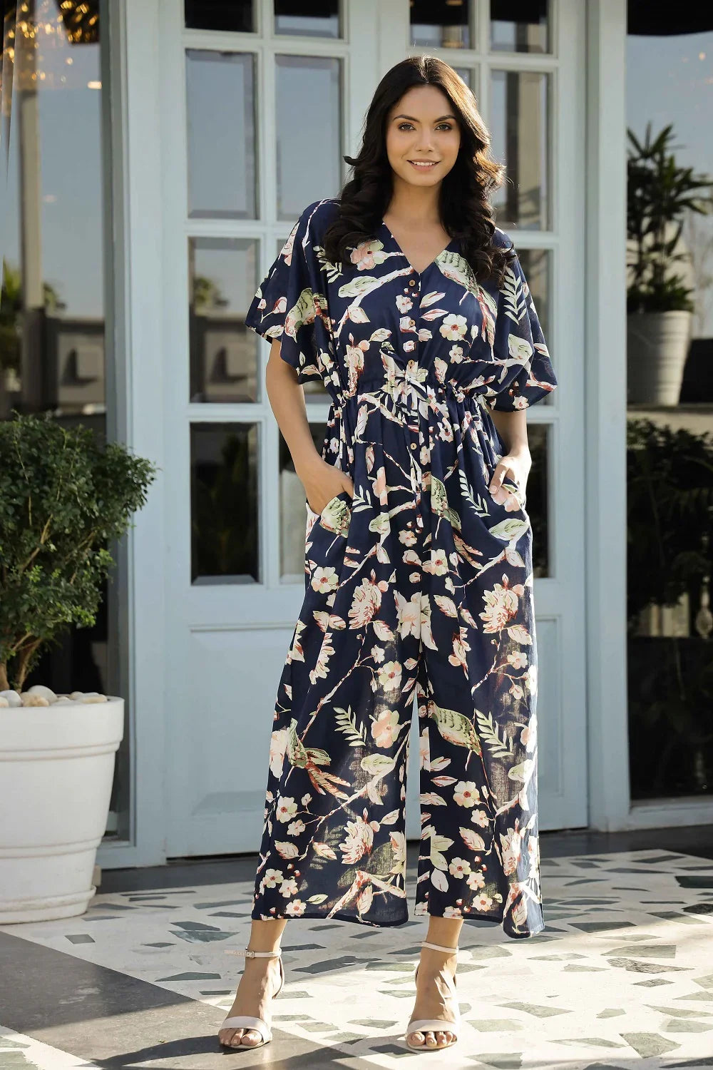 Navy Blue Printed Cotton  Loose Fit Jumpsuit
