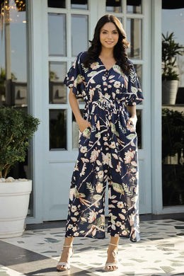Navy Blue Printed Cotton  Loose Fit Jumpsuit