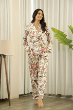 White Printed Full sleeves Cotton Night suit - SanskrutiHomes 