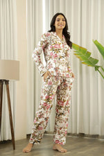 White Printed Full sleeves Cotton Night suit - SanskrutiHomes 