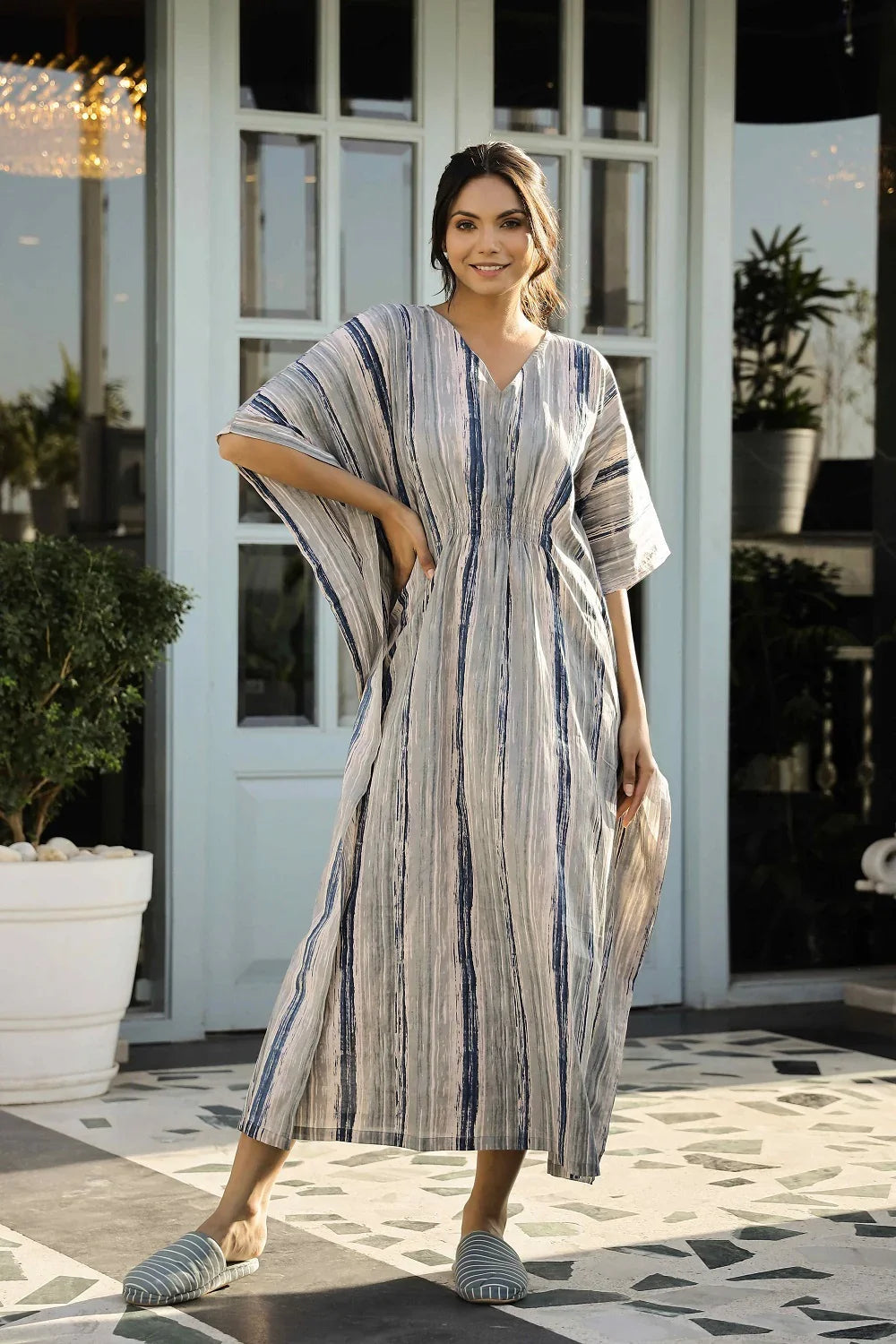 Grey & Blue Printed Kaftan Loungewear - SanskrutiHomes 