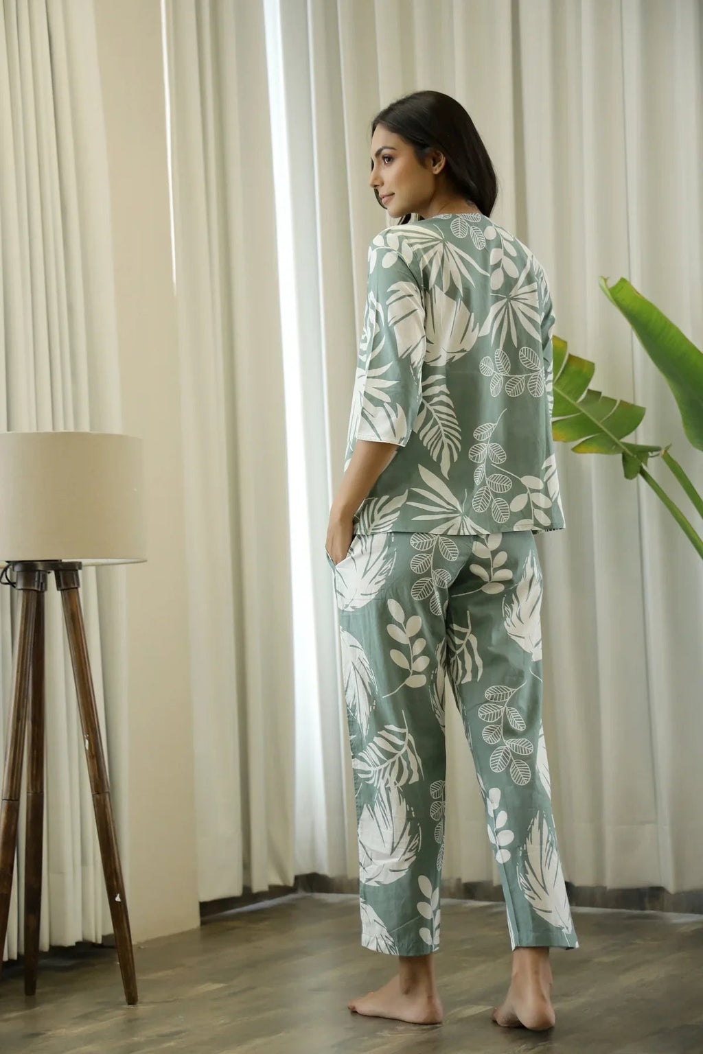 Green Cotton Printed Night Suit Set with Pajama - SanskrutiHomes 