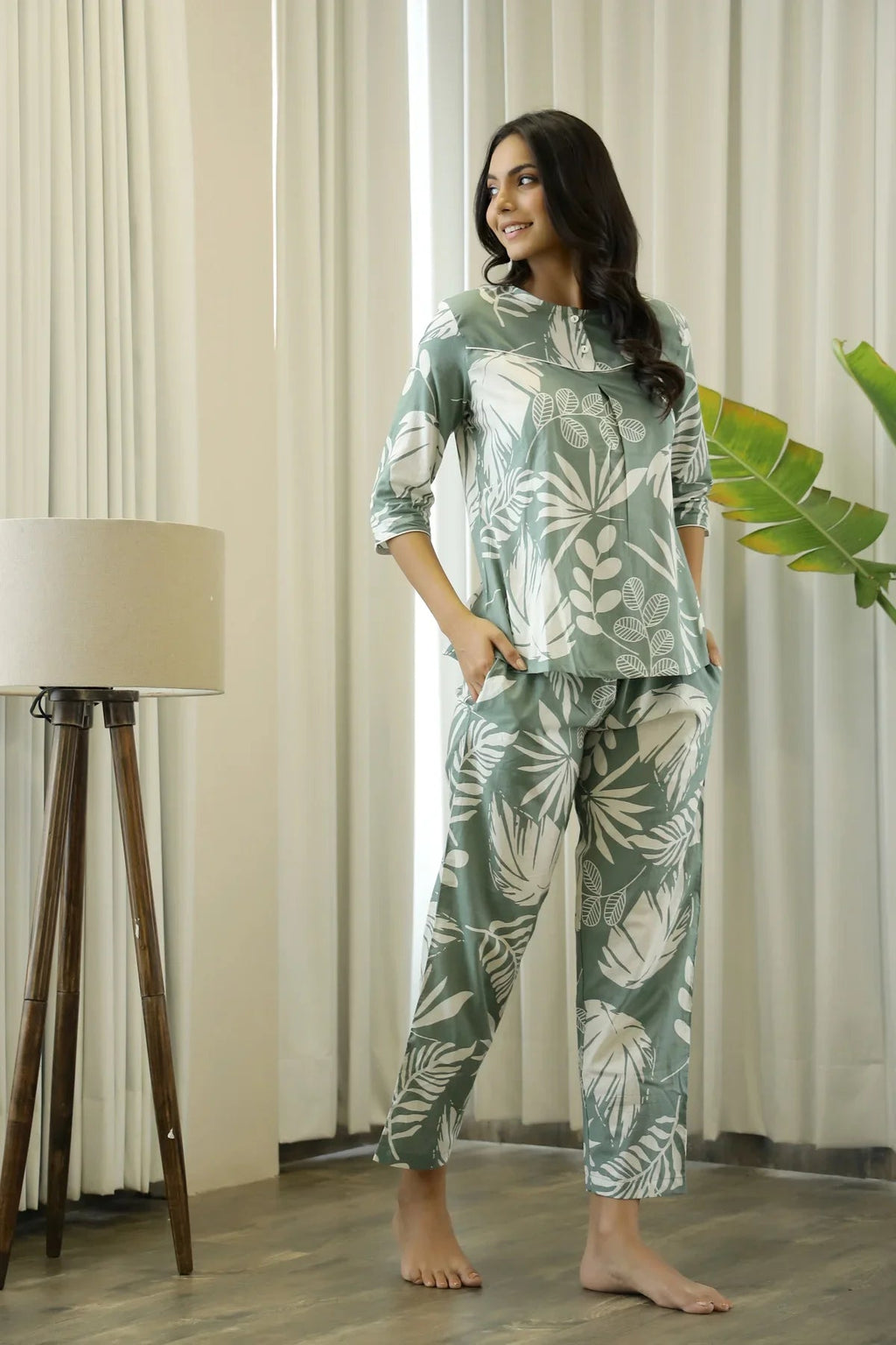 Green Cotton Printed Night Suit Set with Pajama - SanskrutiHomes 