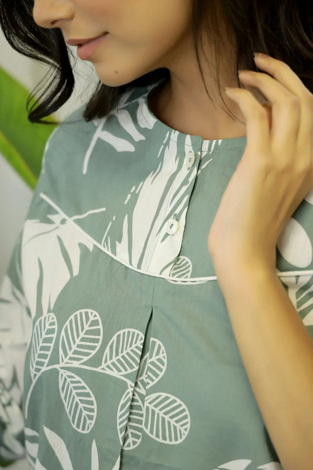 Green Cotton Printed Night Suit Set with Pajama - SanskrutiHomes 