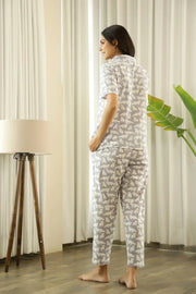 Grey White Cotton Cat Printed Peter pan collared Night Suit Set - SanskrutiHomes 