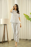 Grey White Cotton Cat Printed Peter pan collared Night Suit Set - SanskrutiHomes 