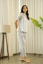 Grey White Cotton Cat Printed Peter pan collared Night Suit Set - SanskrutiHomes 