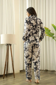 Black Printed Full sleeves Cotton Night suit - SanskrutiHomes 