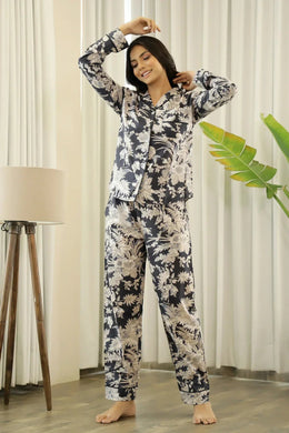Black Printed Full sleeves Cotton Night suit - SanskrutiHomes 