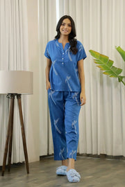 Women Blue and White Conversational Eagle Printed Night Suit Set with Pyjama - SanskrutiHomes 