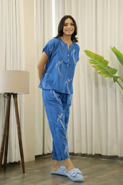 Women Blue and White Conversational Eagle Printed Night Suit Set with Pyjama - SanskrutiHomes 