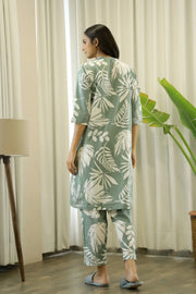 Green Cotton Printed Three Piece Night Suit Set with Pajama - SanskrutiHomes 