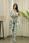 Green Cotton Printed Three Piece Night Suit Set with Pajama - SanskrutiHomes 