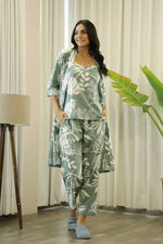 Green Cotton Printed Three Piece Night Suit Set with Pajama - SanskrutiHomes 
