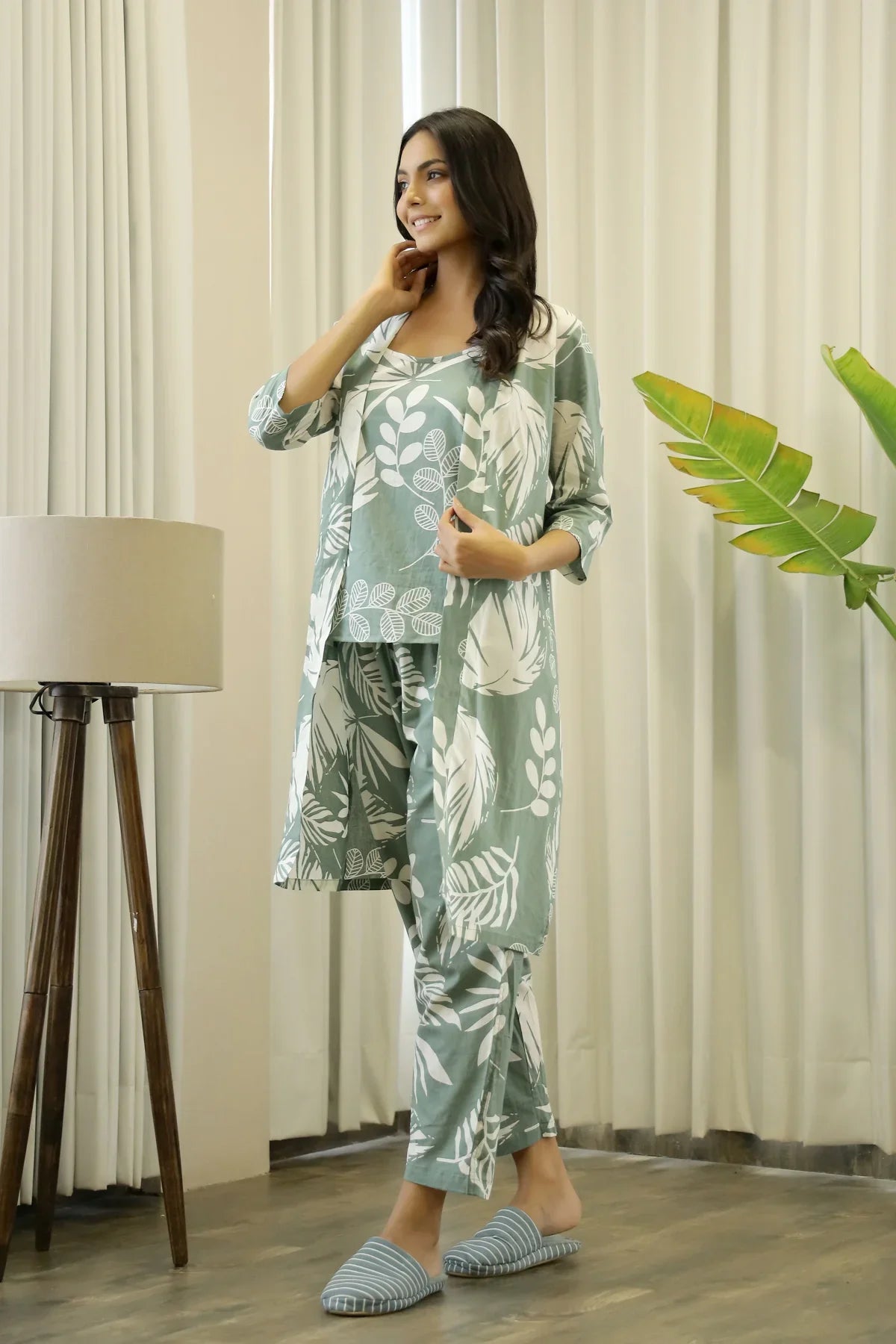 Green Cotton Printed Three Piece Night Suit Set with Pajama - SanskrutiHomes 
