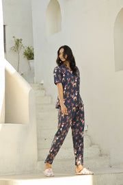 Blue Conversational Printed Mandarin Collar Pure Cotton Pyjama Night Suit For Women
