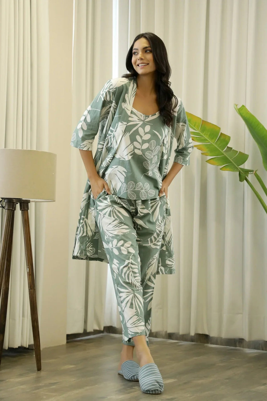 Green Cotton Printed Three Piece Night Suit Set with Pajama - SanskrutiHomes 