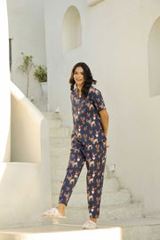 Blue Conversational Printed Mandarin Collar Pure Cotton Pyjama Night Suit For Women