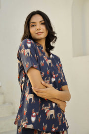 Blue Conversational Printed Mandarin Collar Pure Cotton Pyjama Night Suit For Women
