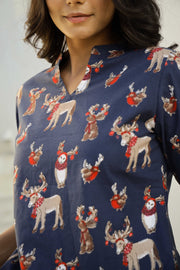 Blue Conversational Printed Mandarin Collar Pure Cotton Pyjama Night Suit For Women