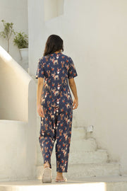 Blue Conversational Printed Mandarin Collar Pure Cotton Pyjama Night Suit For Women