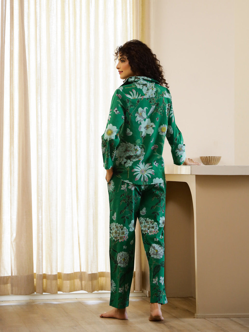 Green Floral Printed Cotton Night Suit Set - SanskrutiHomes 