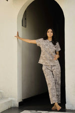 Beige & grey printed pure cotton night suit set - SanskrutiHomes 