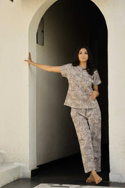 Beige & grey printed pure cotton night suit set - SanskrutiHomes 