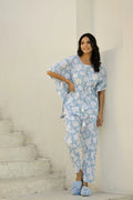 White & Blue Printed Kaftan Set - SanskrutiHomes 