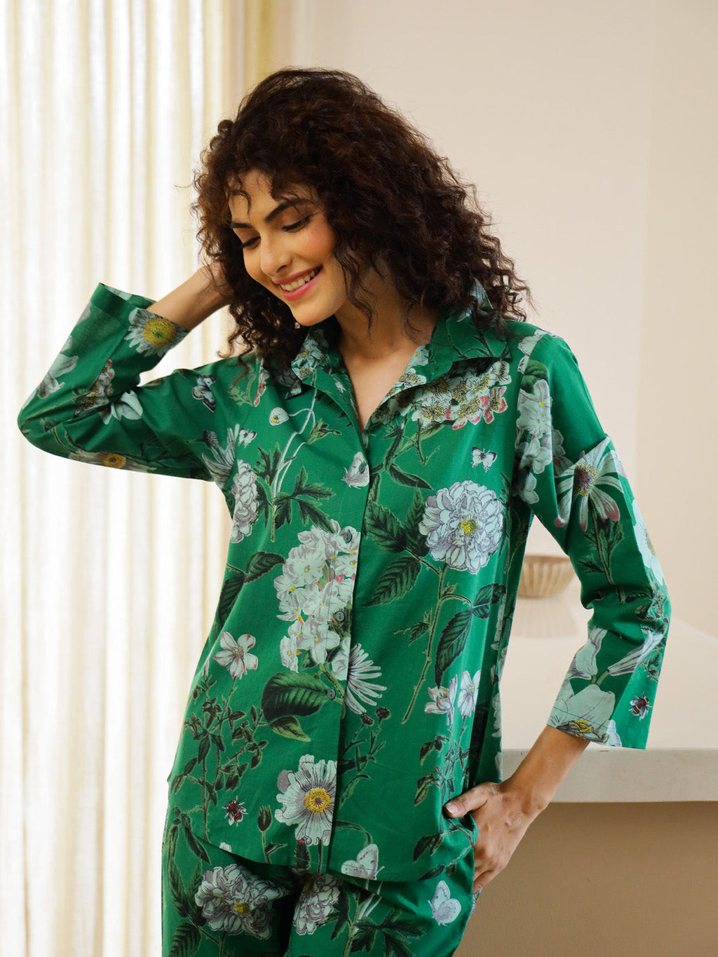 Green Floral Printed Cotton Night Suit Set - SanskrutiHomes 