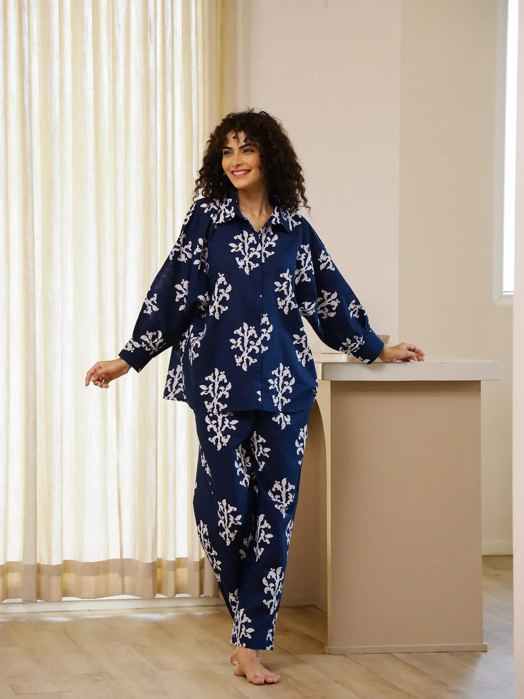 Blue Printed Night Suit Set for Women - SanskrutiHomes 