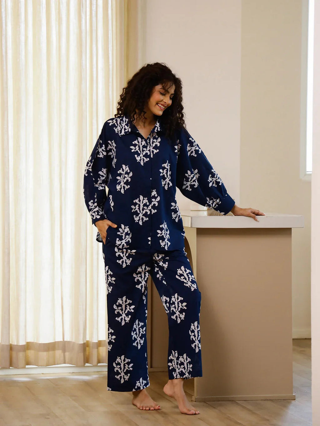 Blue Printed Night Suit Set for Women - SanskrutiHomes 