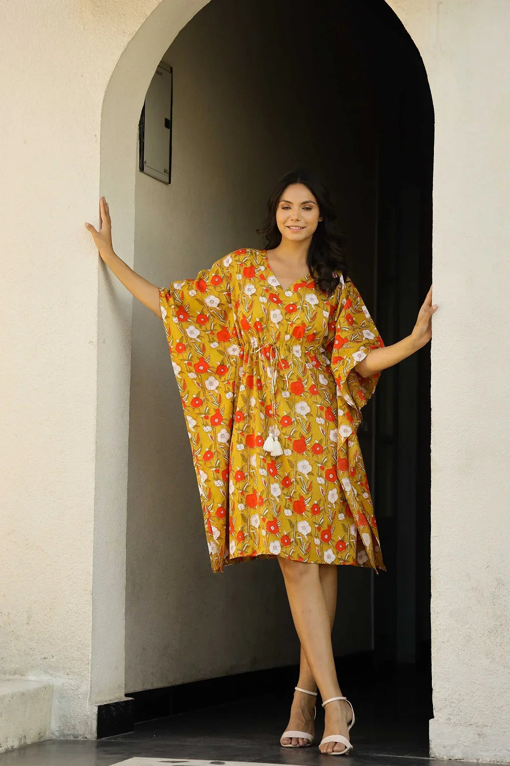 Mustard Printed Kaftan Loungewear - SanskrutiHomes 