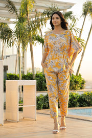 Yellow Cotton Printed Kaftan And Pajama Set
