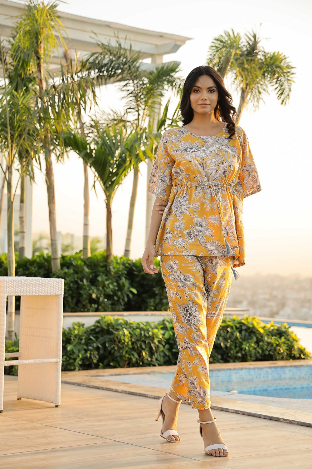 Yellow Cotton Printed Kaftan And Pajama Set
