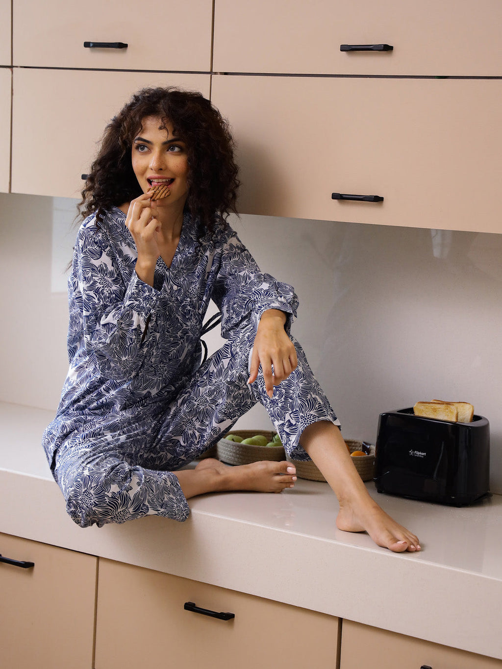 Blue Printed Cotton Night Suit Set - SanskrutiHomes 