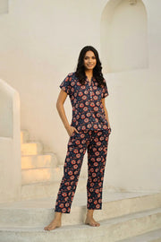Navy Blue Printed Pure Cotton Night suit - SanskrutiHomes 