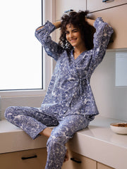 Blue Printed Cotton Night Suit Set - SanskrutiHomes 