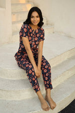 Navy Blue Printed Pure Cotton Night suit - SanskrutiHomes 