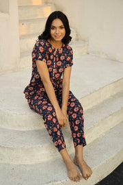Navy Blue Printed Pure Cotton Night suit - SanskrutiHomes 