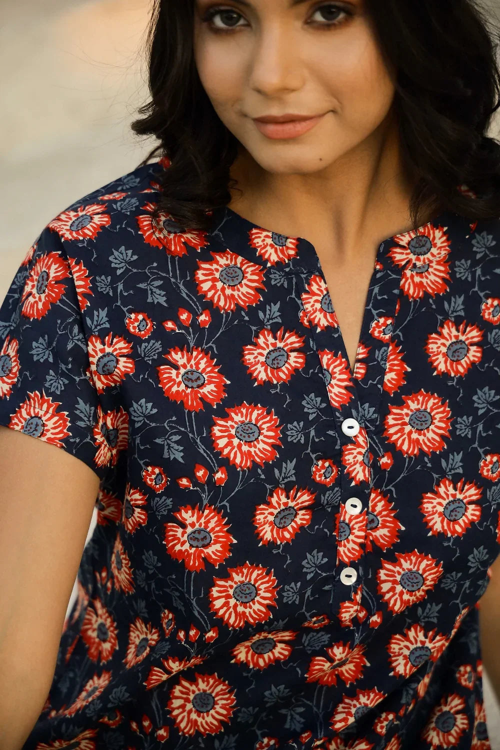 Navy Blue Printed Pure Cotton Night suit - SanskrutiHomes 