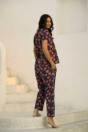 Navy Blue Printed Pure Cotton Night suit - SanskrutiHomes 