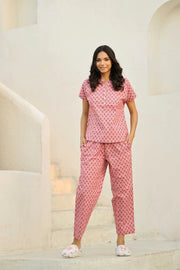 Flamingo pink printed pure cotton night suit set - SanskrutiHomes 