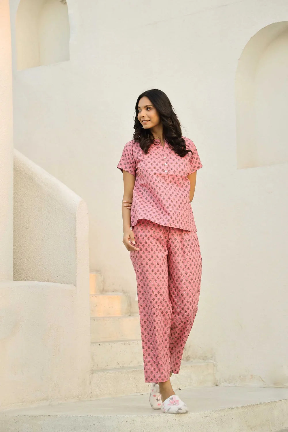 Flamingo pink printed pure cotton night suit set - SanskrutiHomes 